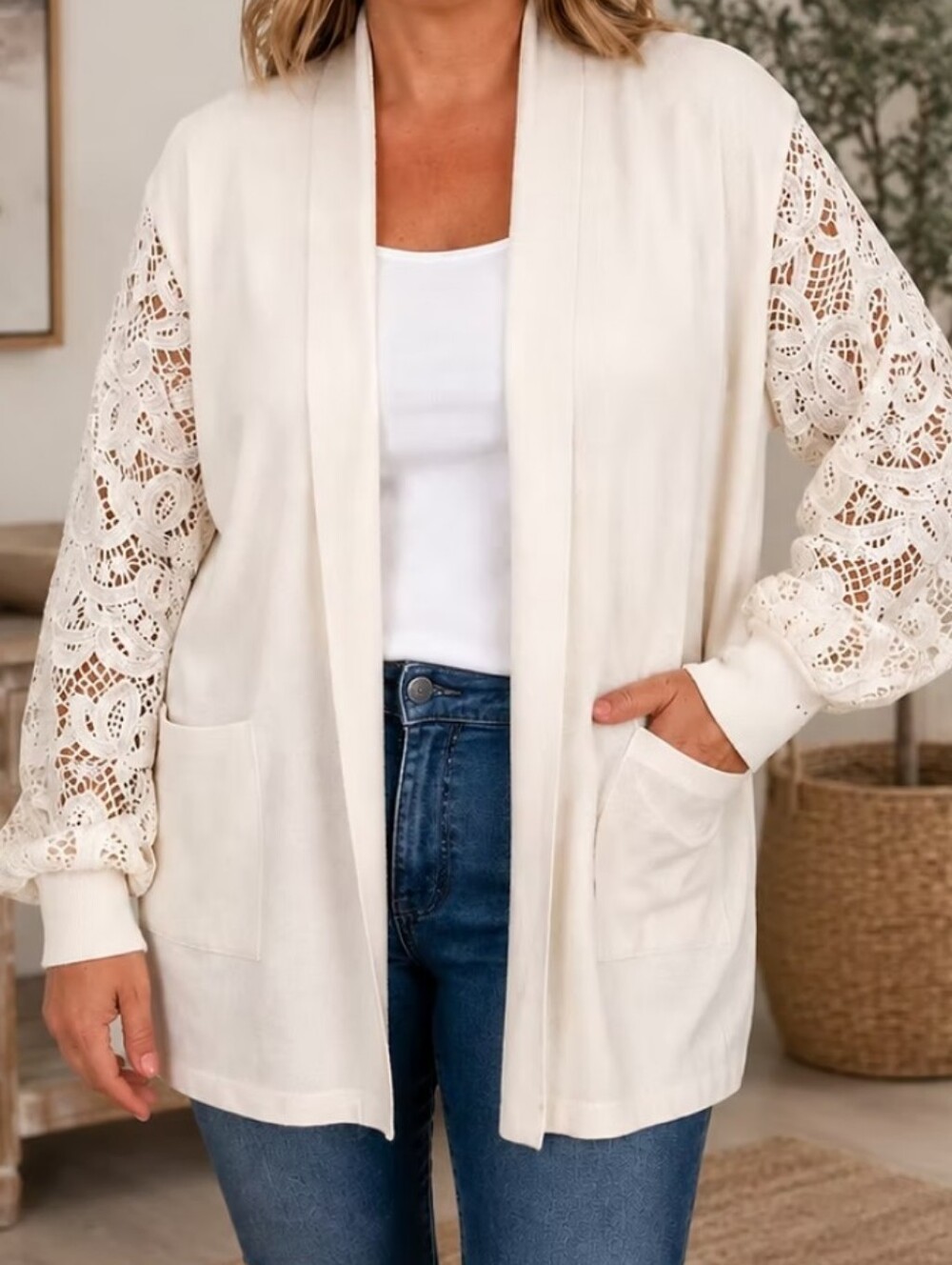 Torrid Lace Sleeve Open-Front Cardigan Sweater - Cream 2X